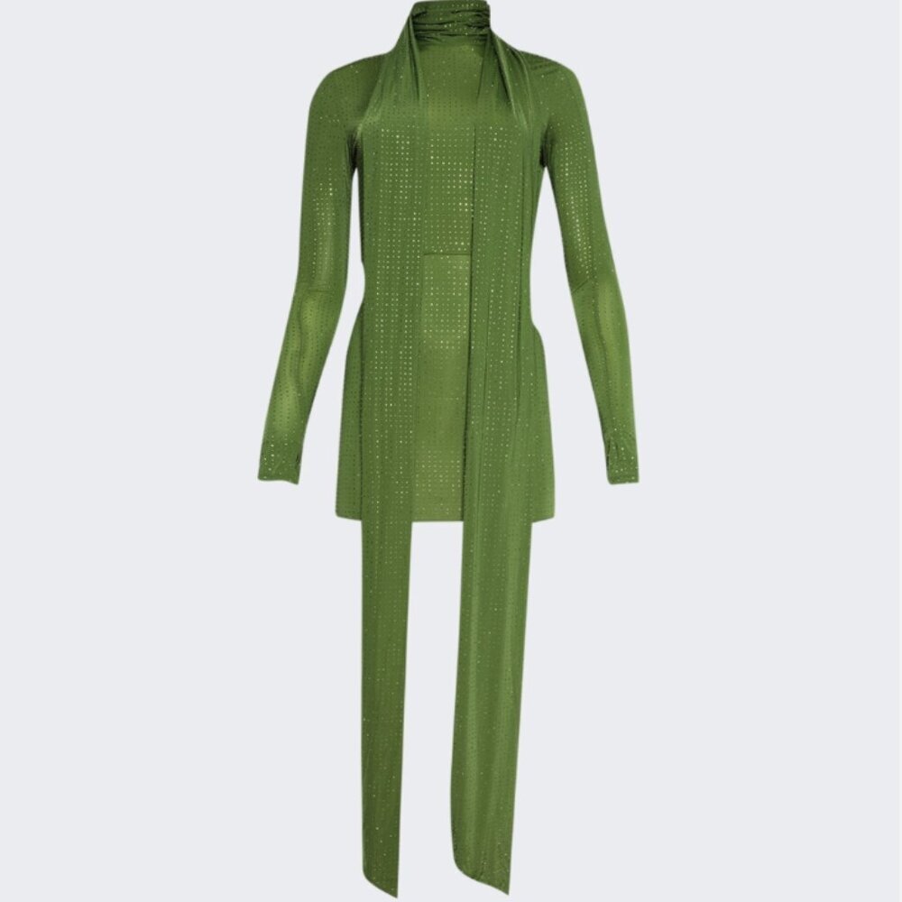 Alex Perry Fern Green Crystal Embellished Long-Sleeve Scarf-Neck Mini Dress - Picture 2 of 9